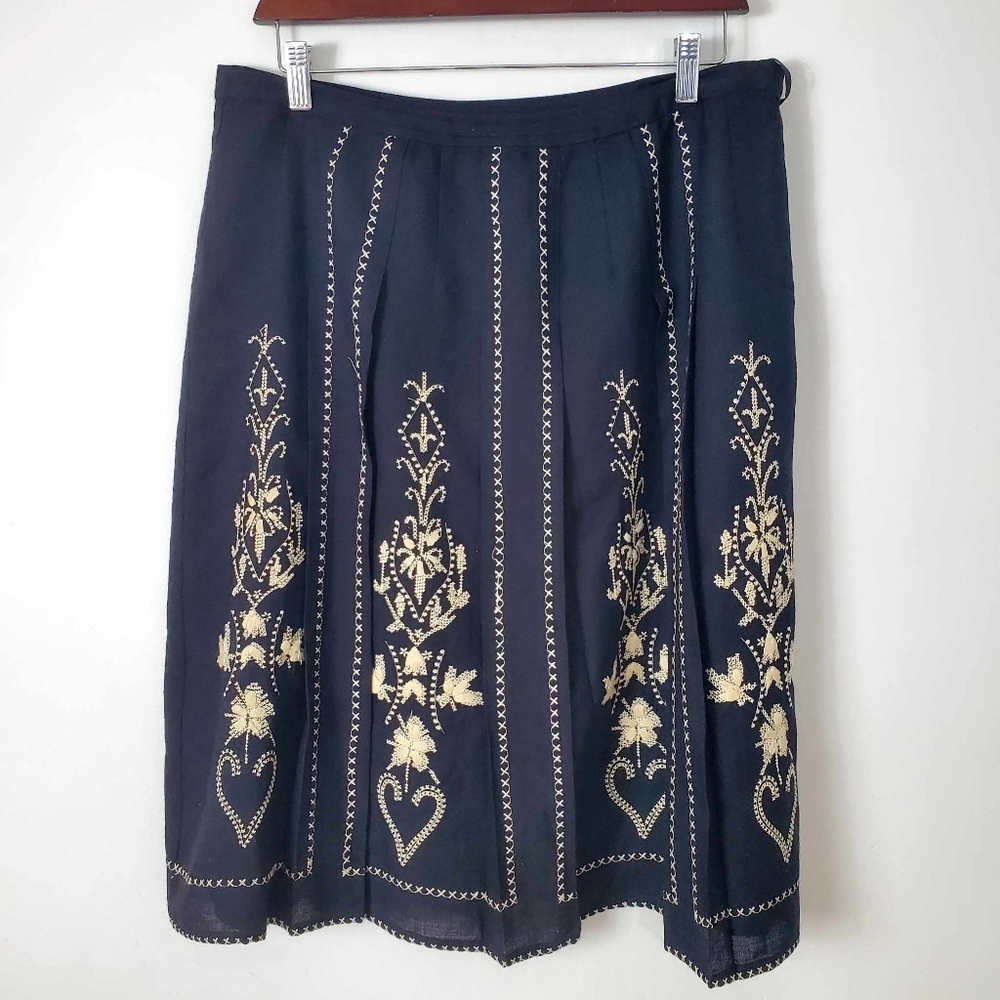 Embroidered Black A-Line Skirt with Gold Floral Detail